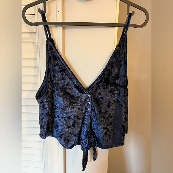 Free People -  Two Tie For You Crushed Velvet Knotted Cropped Cami - Navy - Picture 2 of 9